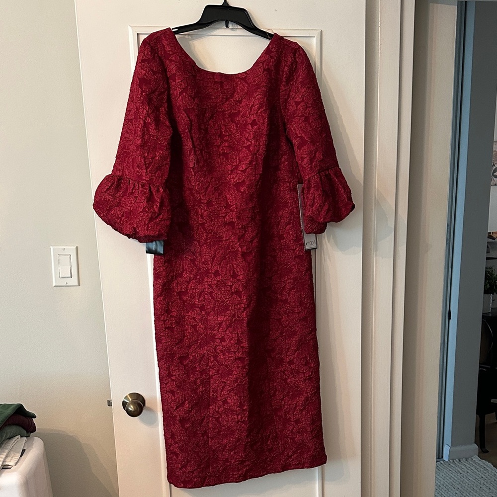 JS Collections polyester Red Rouched 3/4 Sleeve Dress (lined)